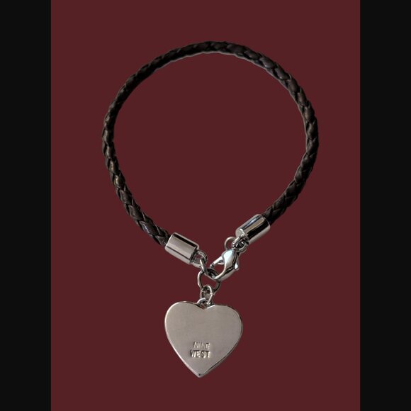 Nine West Braided Leather Band Silver Tone Heart Bangle Bracelet 6.5" - Picture 10 of 10